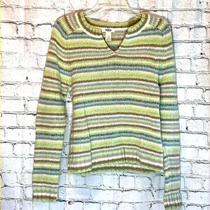 🌞 Old Navy long sleeve knit stiped sweater split neck mint green blue white L